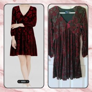 Taylor Burgundy Floral Velvet V-Neck Long Sleeve Dress